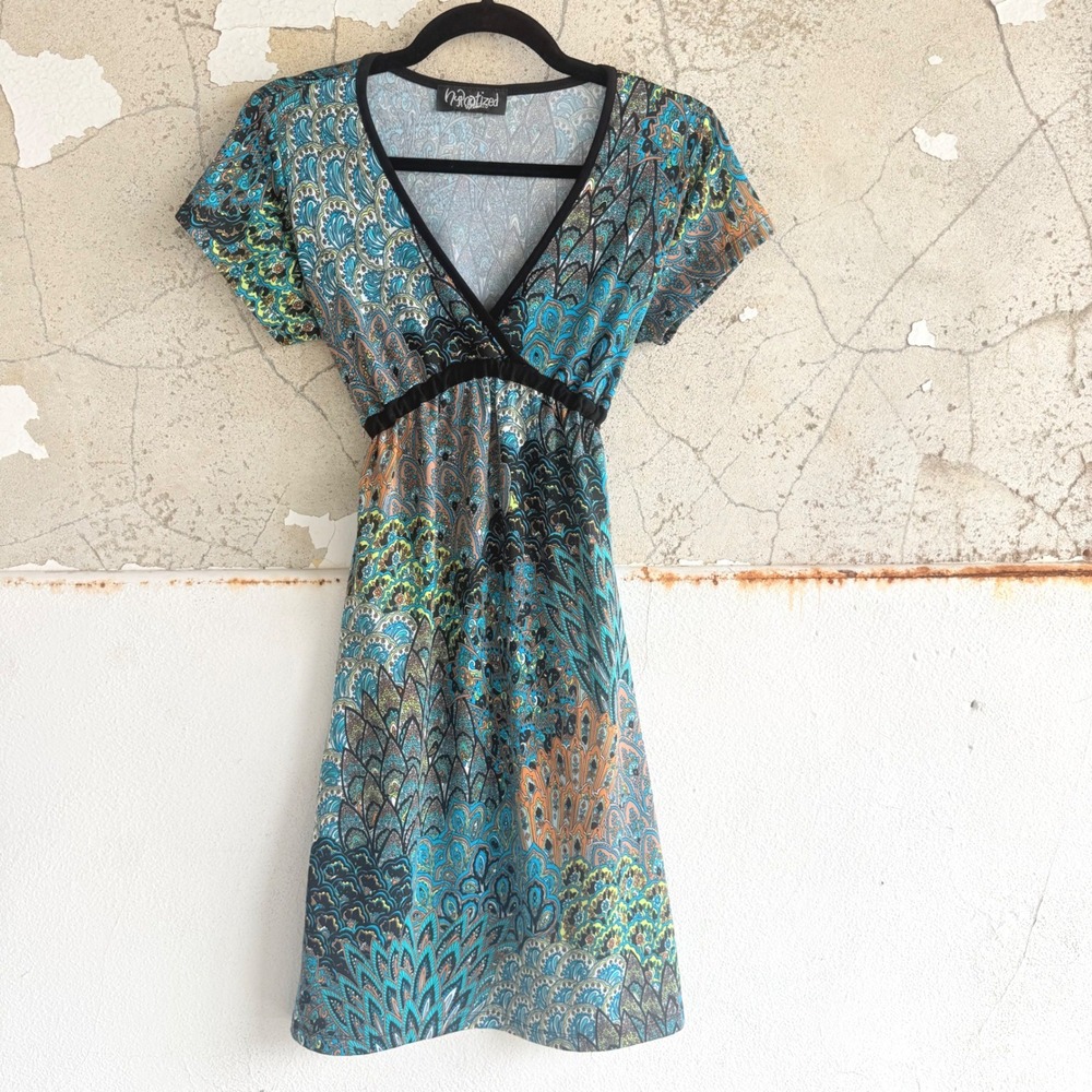Y2K Mini Dress Tie Back Empire Waist Peacock‎ Paisley Boho Festival Fairycore